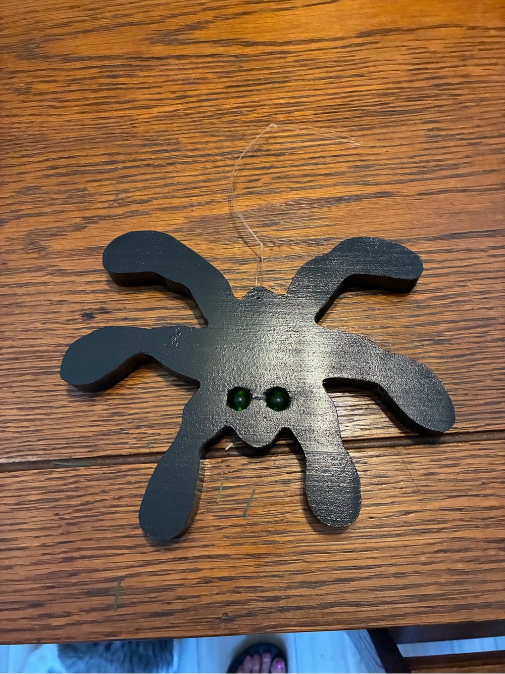 Black Wooden Spider Ornament with Green Eyes - Holiday Hanging Decor